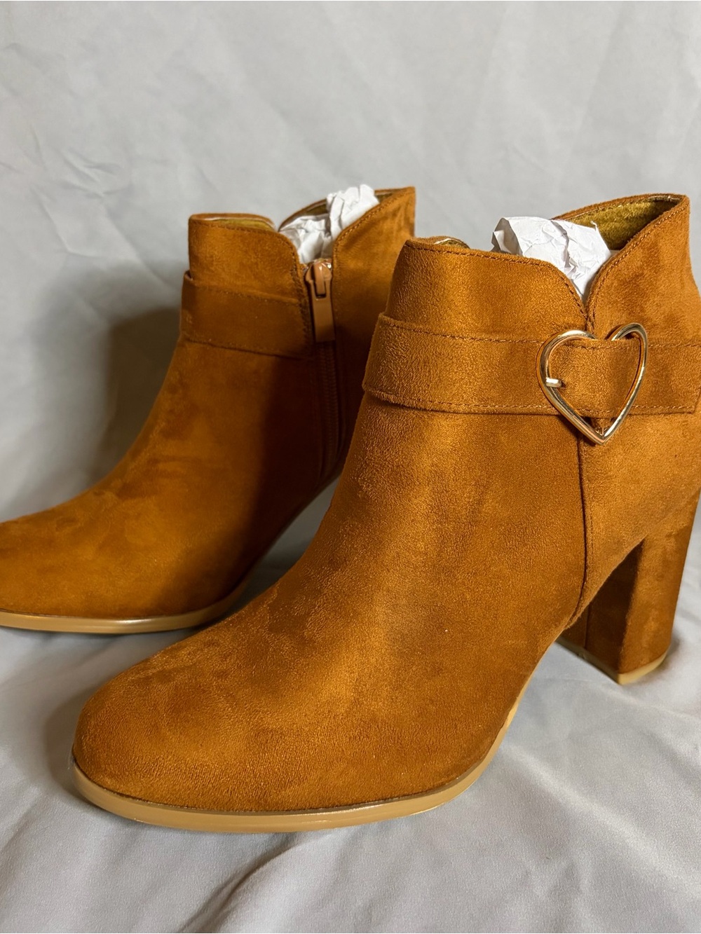 Allegra K Chestnut Suede Ankle Booties with Heart Buckle